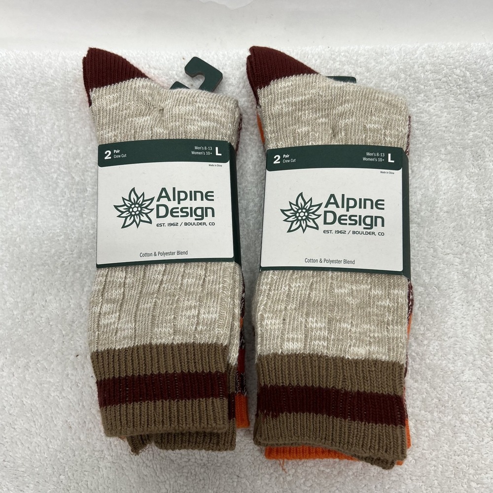 Alpine Design Mens Size 8-13 4 Pair Maroon Brown Ragg Hiker Crew Socks